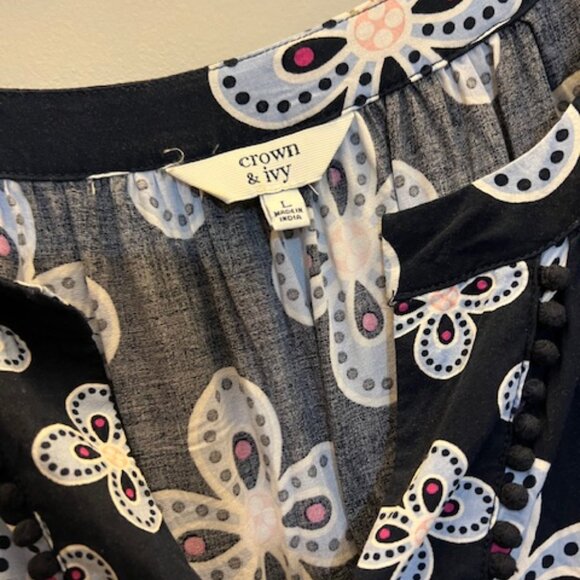 Crown and Ivy Navy Print Dress, Bell Sleeves, Mini, Size L - Picture 5 of 7